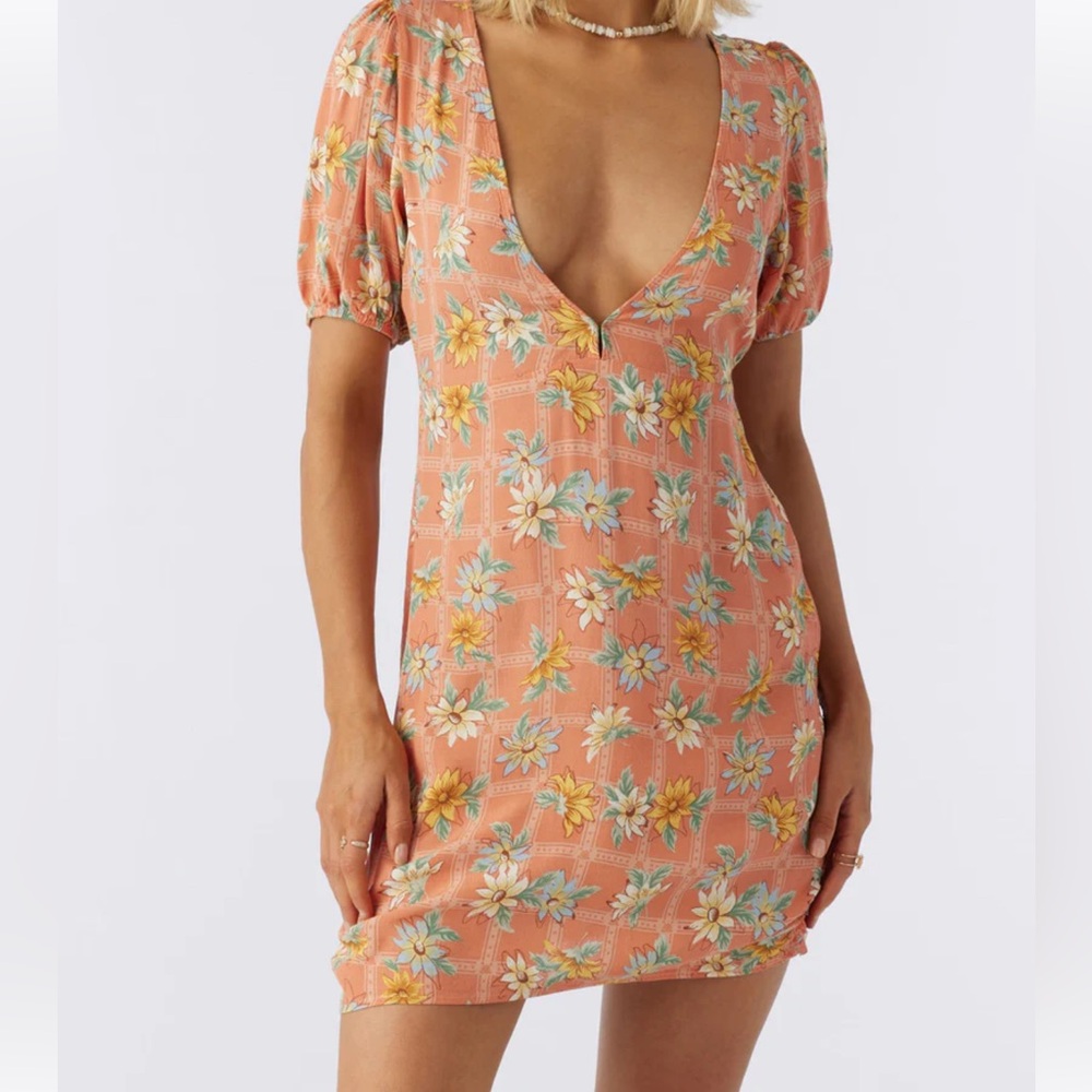 O'Neill Orange Blue Puff Sleeve Mini Sundress